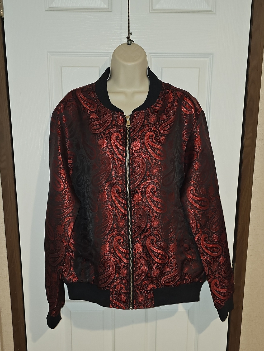 DiBanGu Men's Medium Paisley Casual Zip Lightweight Bomber Jacket Red Black